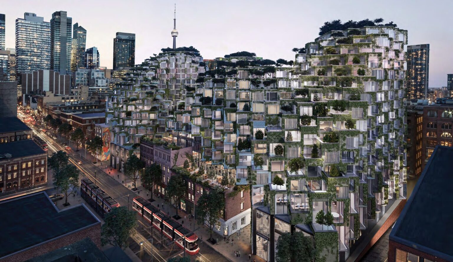 Rendering of KING Toronto's four stepped glass-block peaks on King Street West at dusk, with the CN Tower behind