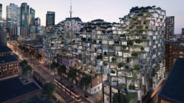 Rendering of KING Toronto's four stepped glass-block peaks on King Street West at dusk, with the CN Tower behind
