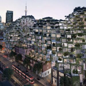 Rendering of KING Toronto's four stepped glass-block peaks on King Street West at dusk, with the CN Tower behind