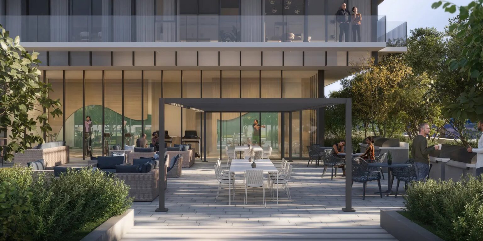 Glass entrance and landscaped forecourt at Aquanova (artist’s concept)