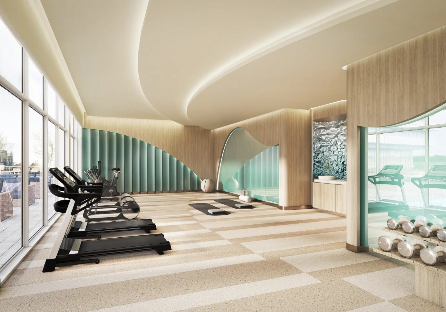 Fitness centre at Aquanova with cardio machines and floor-to-ceiling windows (artist’s concept)