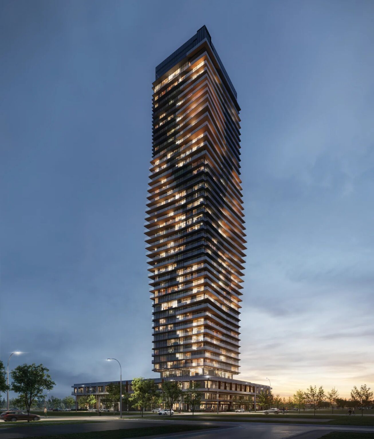 Aquanova condo tower at Lakeview Village, Mississauga, at dusk (artist’s concept)