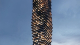 Aquanova condo tower at Lakeview Village, Mississauga, at dusk (artist’s concept)