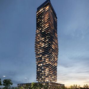 Aquanova condo tower at Lakeview Village, Mississauga, at dusk (artist’s concept)