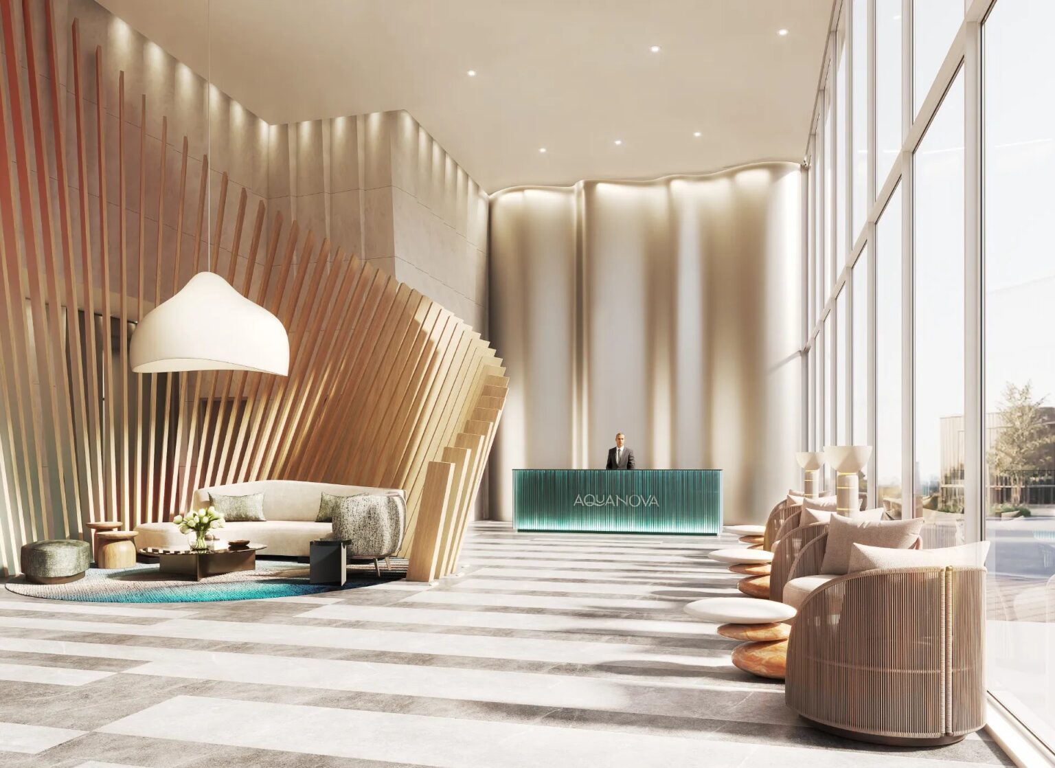 Double-height lobby at Aquanova with curved wood screens and lounge seating (artist’s concept)