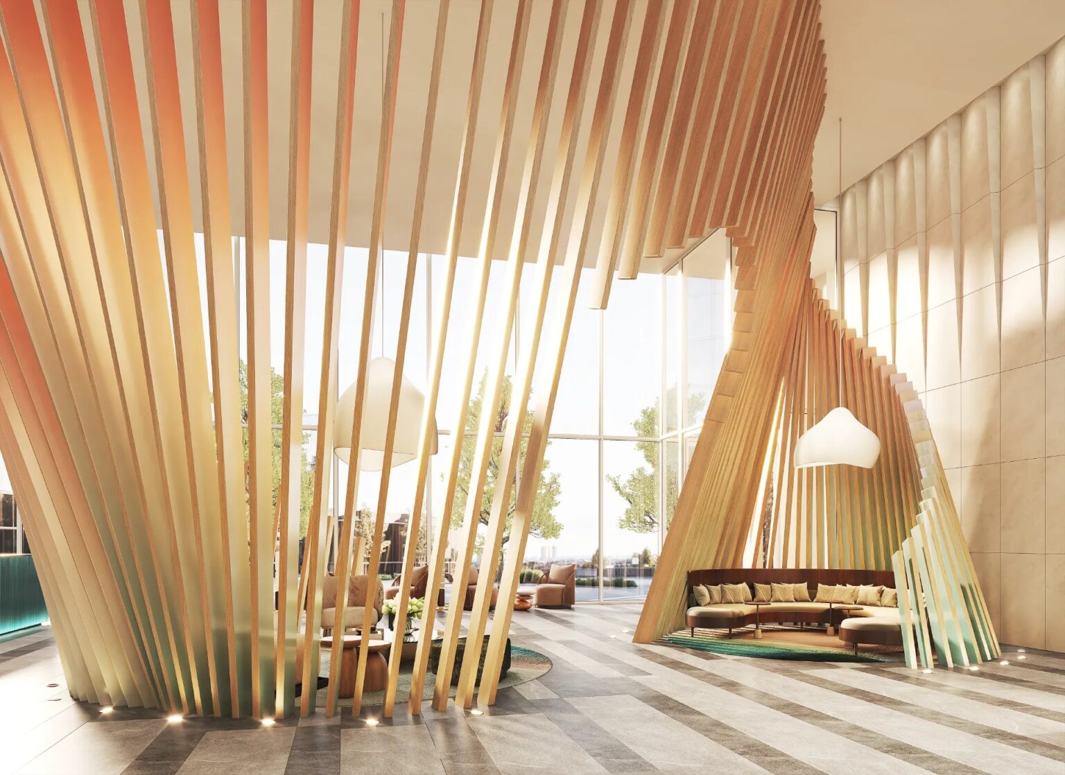 Lounge seating framed by sculptural wood slats in the Aquanova lobby (artist’s concept)