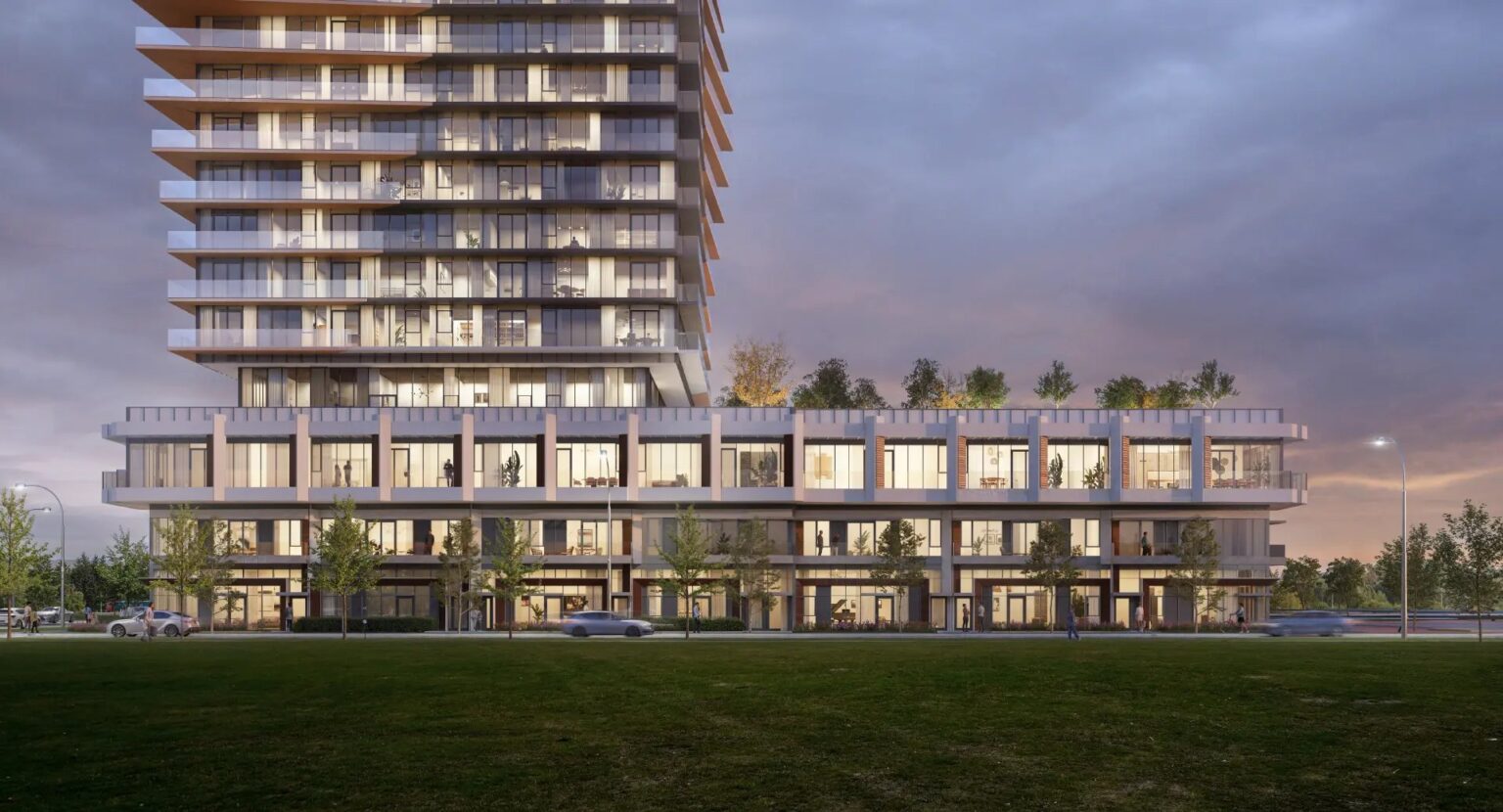 Aquanova podium with street-level suites at dusk (artist’s concept)