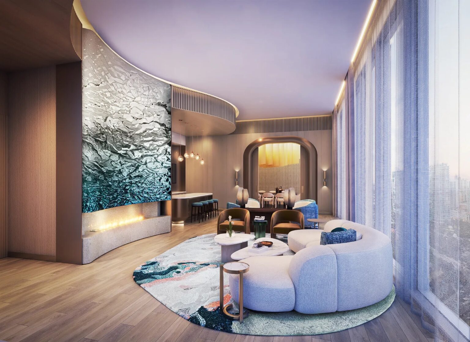 Residents’ lounge at Aquanova with a fireplace and lake-inspired artwork (artist’s concept)