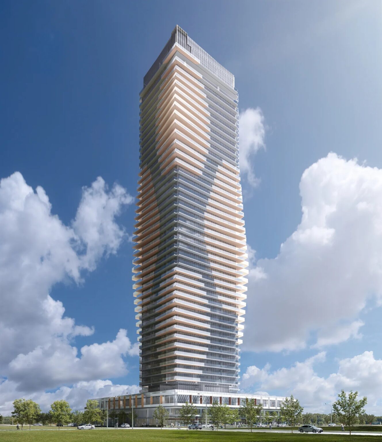 Aquanova condo tower in daylight at Lakeview Village, Mississauga (artist’s concept)