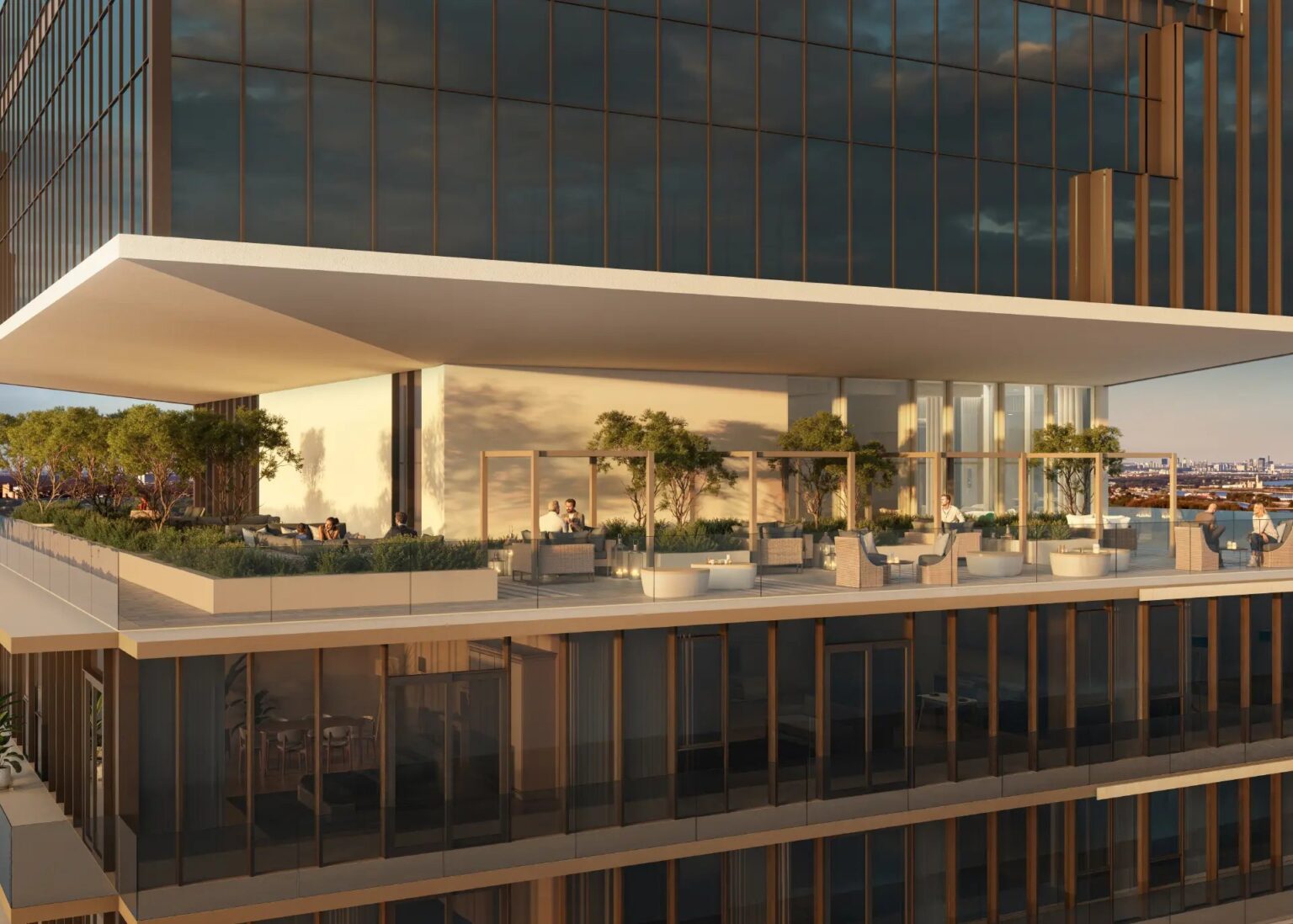Outdoor lounge terrace at Aquanova with seating under the tower (artist’s concept)