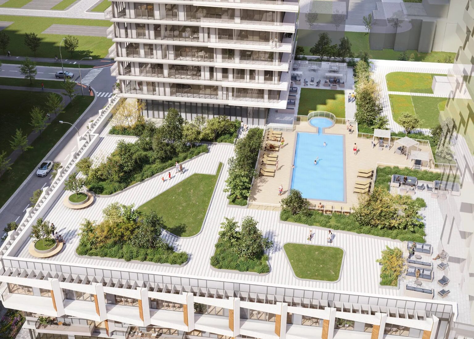 Aerial view of the Nova Club pool deck, gardens and dog run on Aquanova's 4th floor (artist's concept)