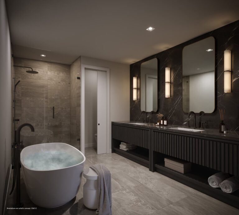 Ensuite bathroom of a Boutique suite at Forêt, with a freestanding tub and stone walls (artist’s concept)