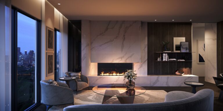Living room of a Boutique suite at Forêt, with a fireplace and floor-to-ceiling windows (artist’s concept)