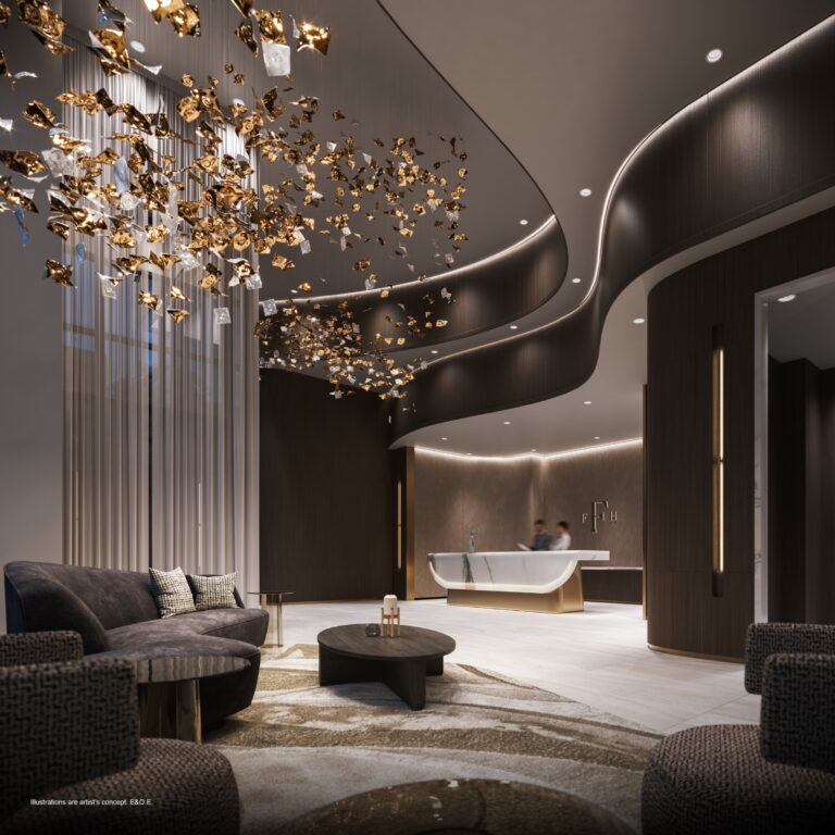 Two-storey private lobby for Boutique residents at Forêt, with a crystal chandelier (artist’s concept)