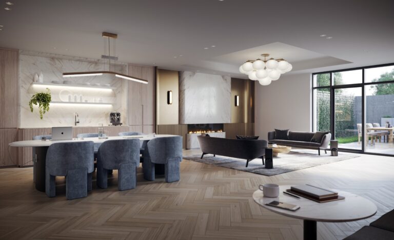Co-working lounge and coffee bar on podium level 1 at Forêt (artist’s concept)