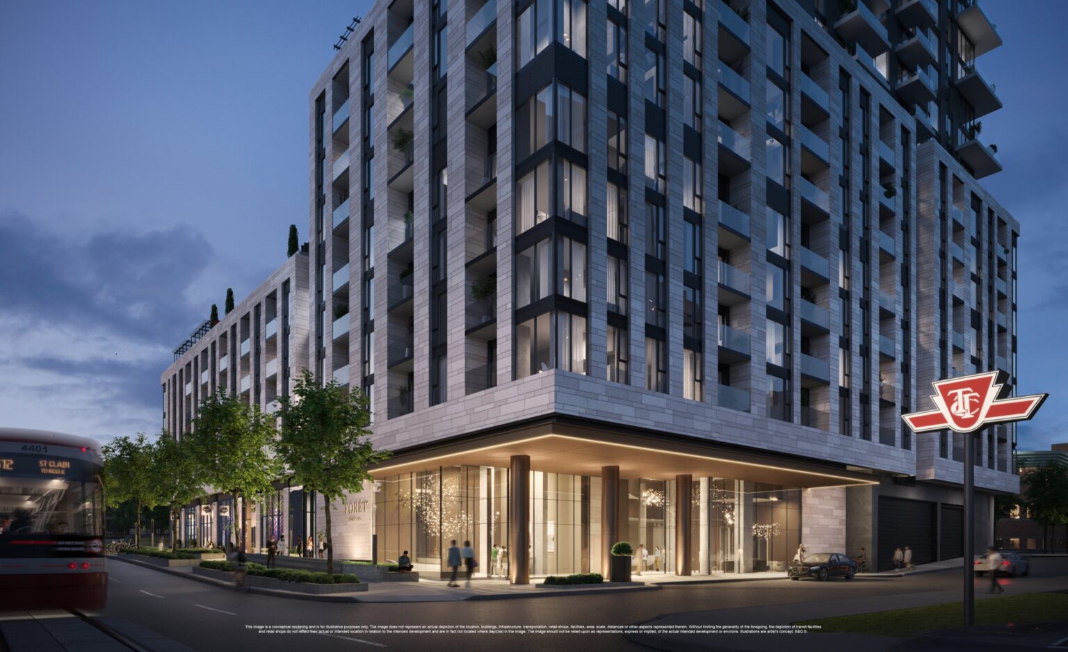 The Forêt Forest Hill podium at dusk at Bathurst and St. Clair, with shops at street level (artist’s concept)