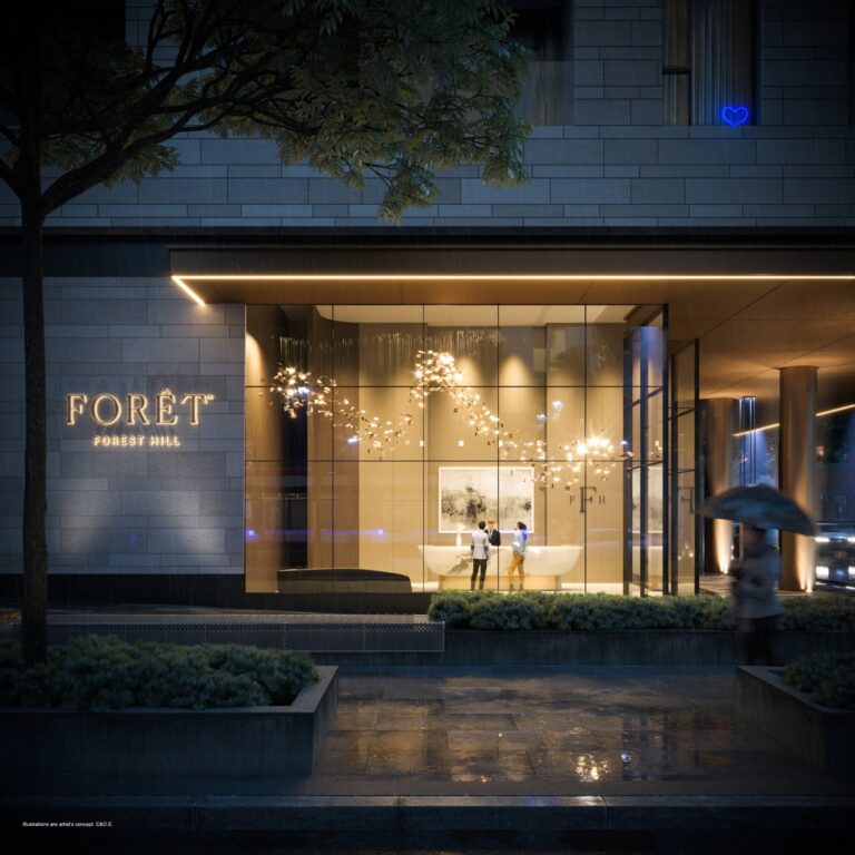 The Forêt lobby entrance at night, with the Forêt sign and a chandelier inside (artist’s concept)