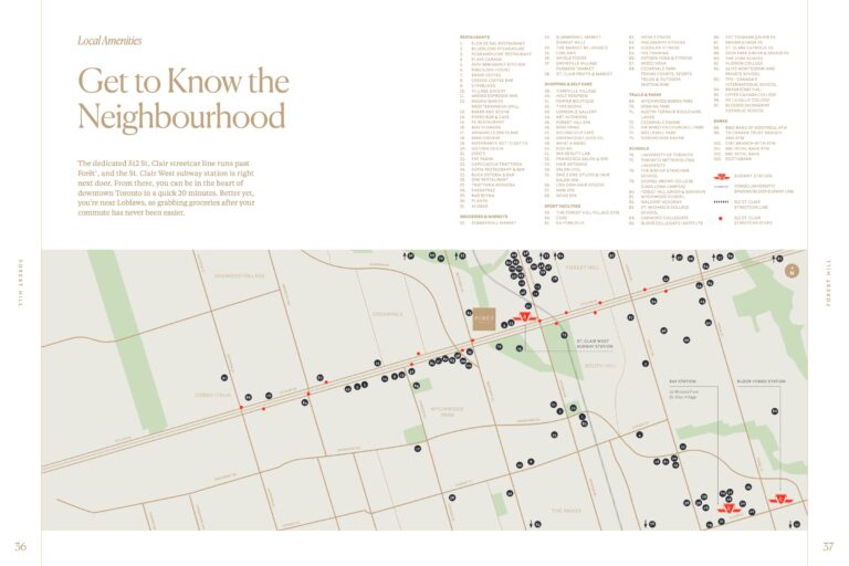 Map of the shops, restaurants, schools and parks around Forêt Forest Hill at Bathurst and St. Clair (builder’s brochure)