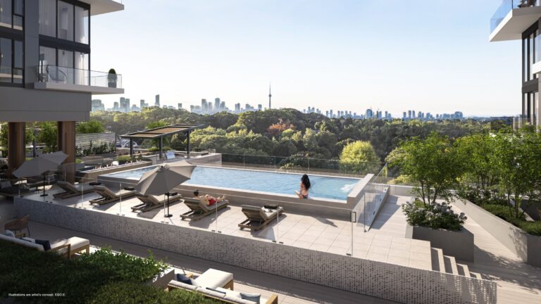 Outdoor pool and cabanas on podium level 9 at Forêt, overlooking the Toronto skyline (artist’s concept)