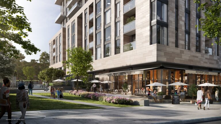 The new public park and shops at the base of Forêt Forest Hill (artist’s concept)