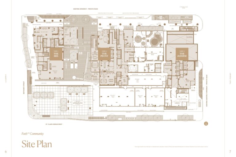 Ground-floor site plan of Forêt Forest Hill at Bathurst and St. Clair, showing The Iris, The Peony and The Jasmine, the new park, childcare centre and shops (builder’s plan)
