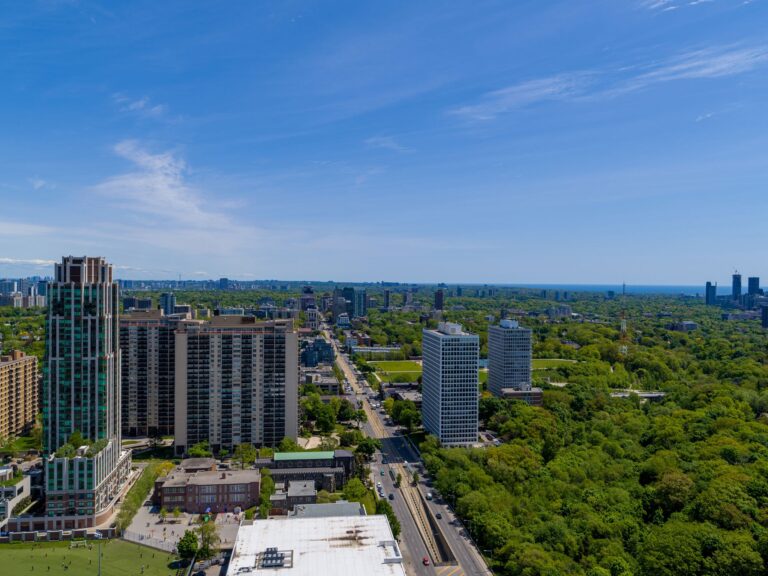 View facing east from the 32nd-floor height of The Peony (Tower 2) at Forêt Forest Hill, Bathurst and St. Clair (photo, 2022)