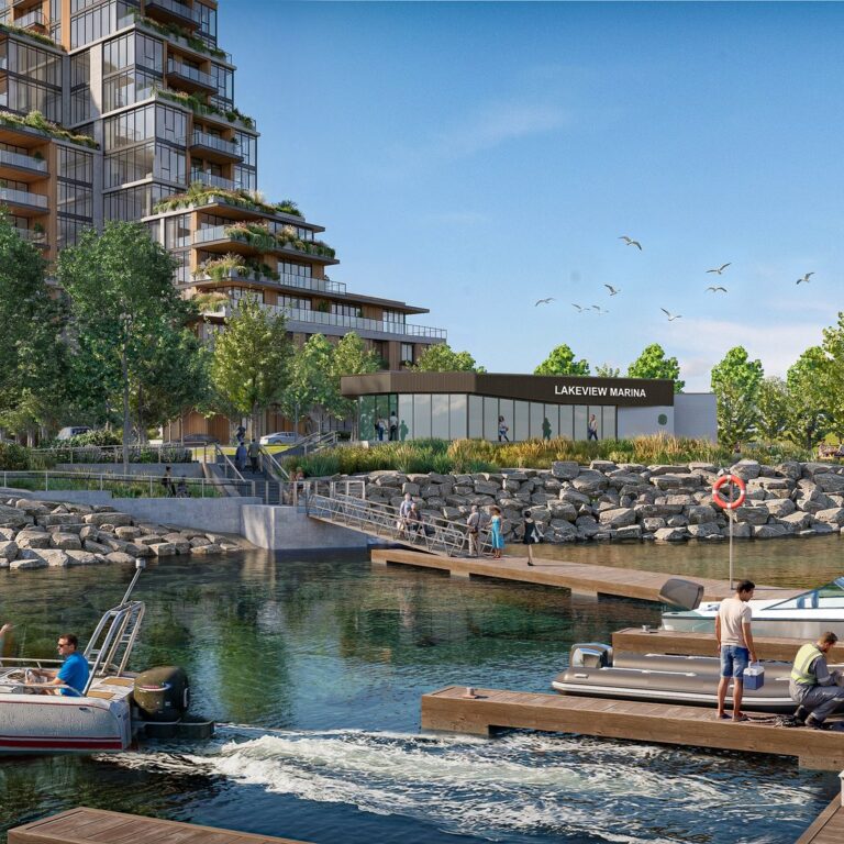 Rendering of boat slips and a waterfront park at Lakeview Village (artist’s concept)