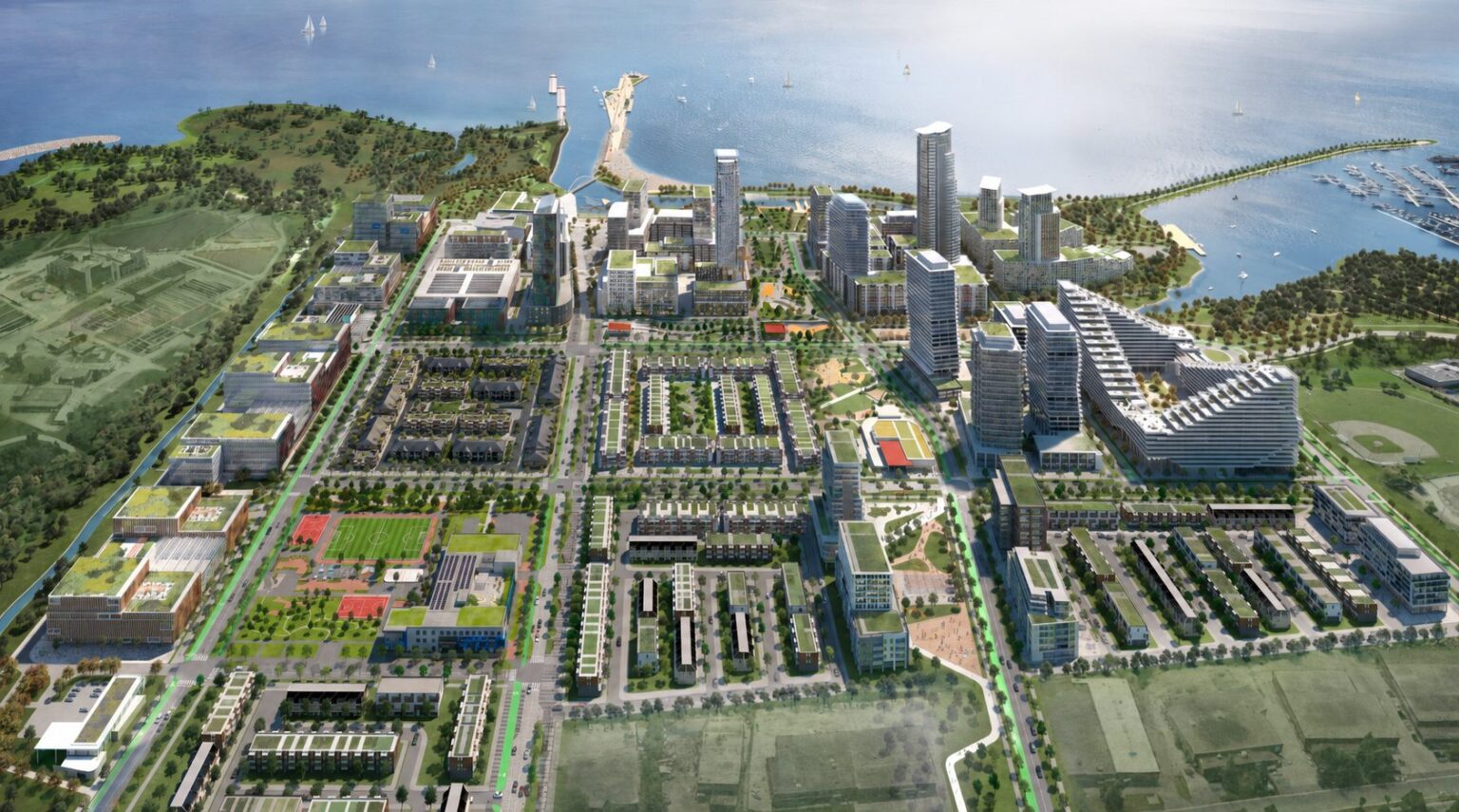 Aerial rendering of the Lakeview Village masterplan on the Mississauga waterfront (artist’s concept)