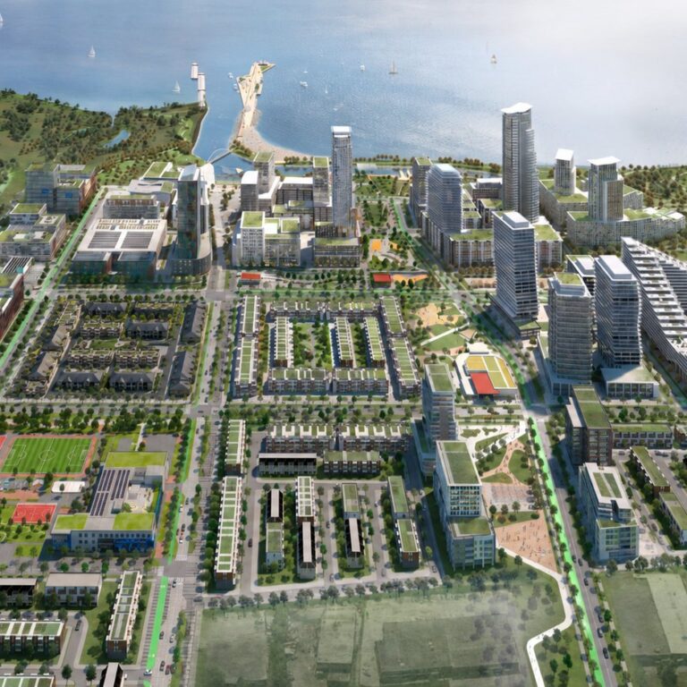 Aerial rendering of the Lakeview Village masterplan on the Mississauga waterfront (artist’s concept)