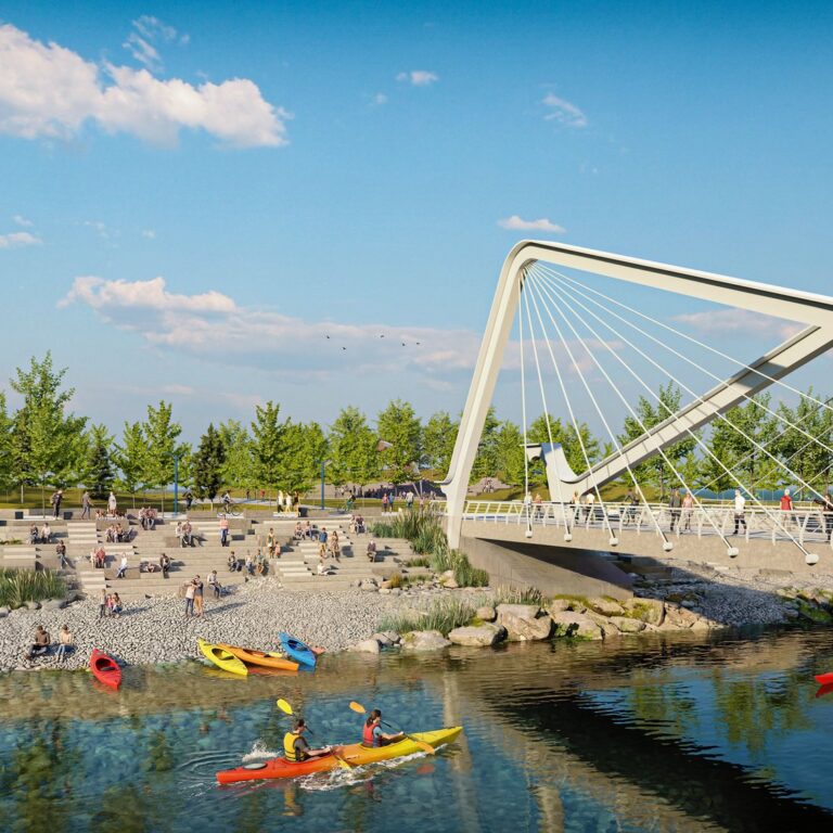 Rendering of the Lakeview Village pedestrian bridge over the water, with a beach and kayaks (artist’s concept)