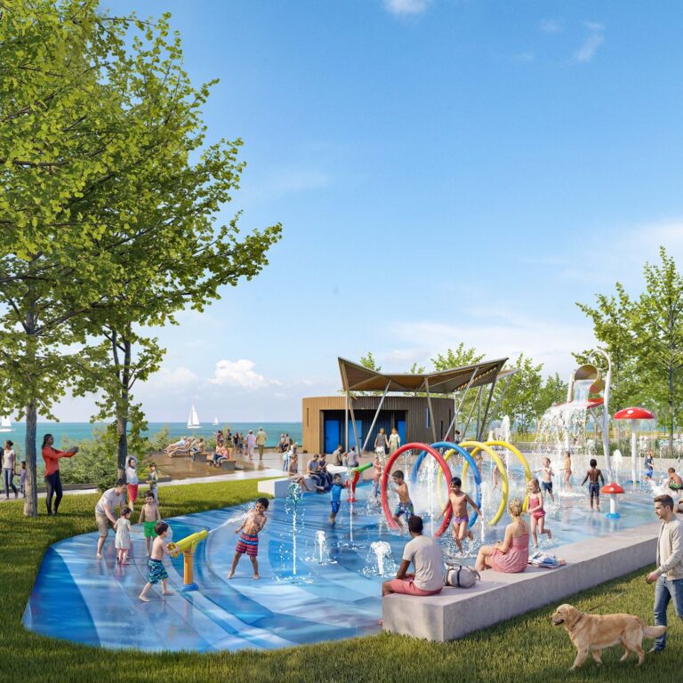 Rendering of children at a splash pad in a Lakeview Village park (artist’s concept)