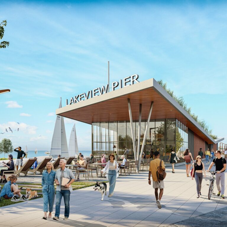 Rendering of a pavilion and promenade on the Lakeview Village waterfront (artist’s concept)