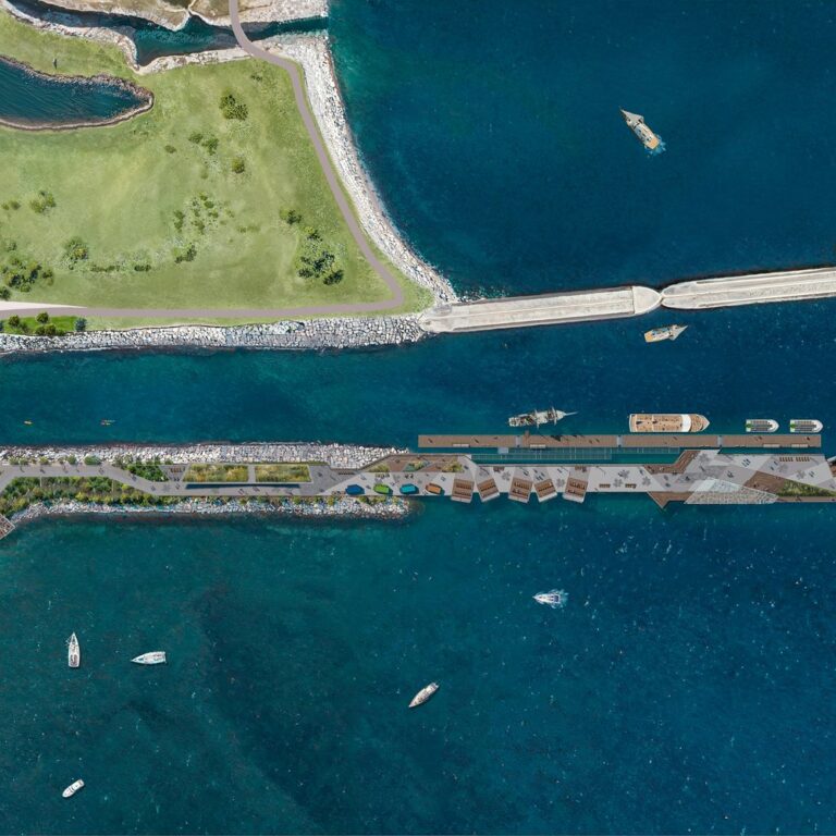 Aerial rendering of the Lakeview Village waterfront, harbour and pier on Lake Ontario (artist’s concept)