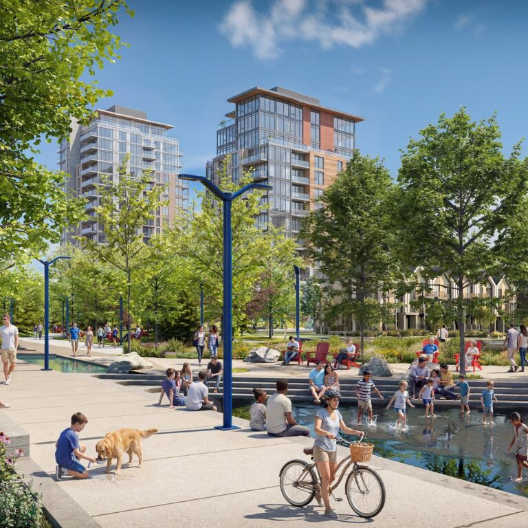 Rendering of a plaza with paths and a water feature at Lakeview Village (artist’s concept)