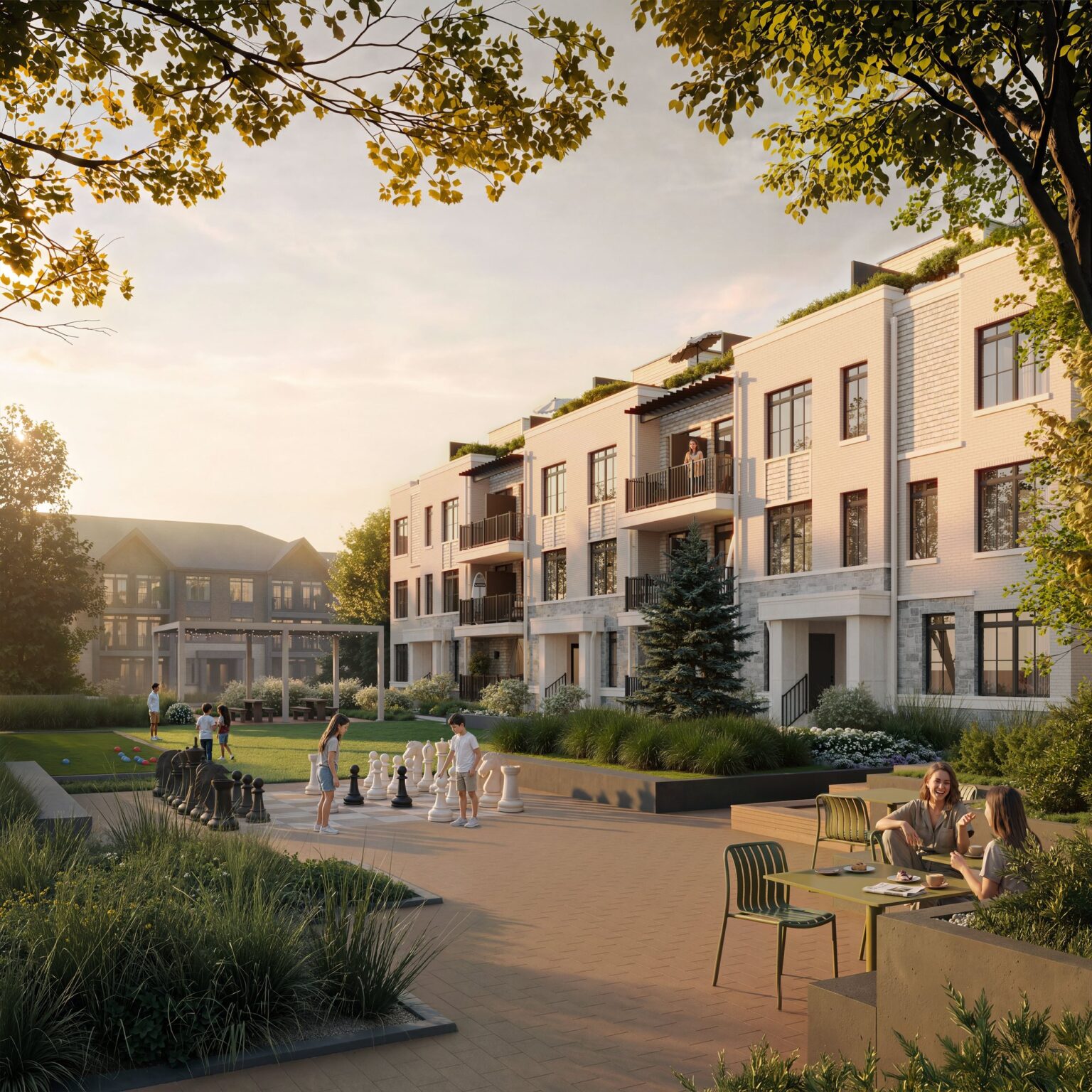 The landscaped courtyard between South Banks townhome blocks, with seating and trees (artist’s concept)