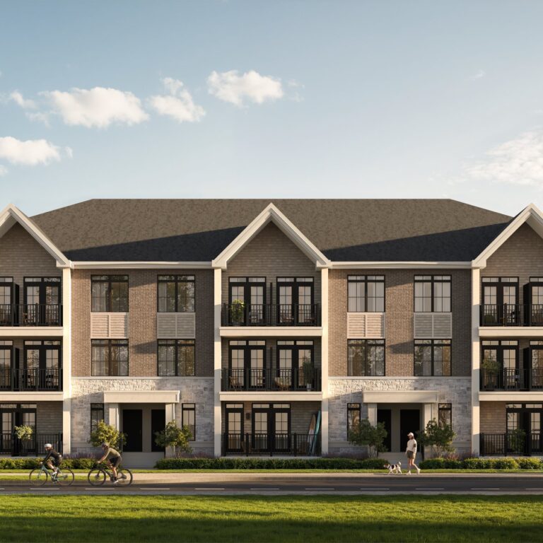 South Banks stacked townhome block with pitched roofs, Elevation A in a dark brick palette (artist’s concept)