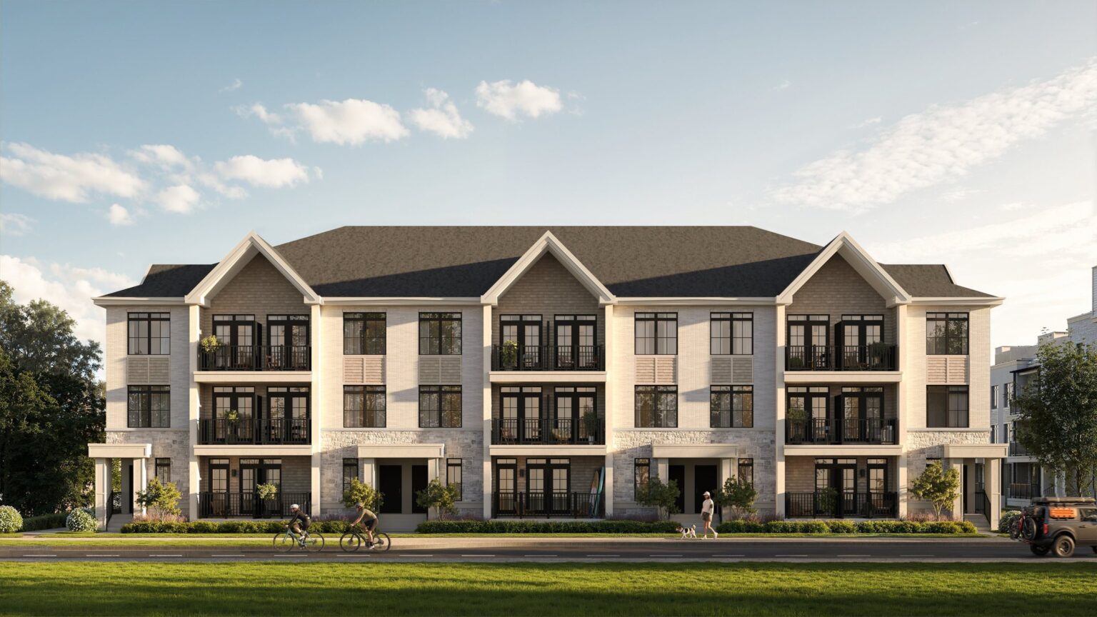 South Banks stacked townhome block with pitched roofs, Elevation A in a light palette (artist’s concept)