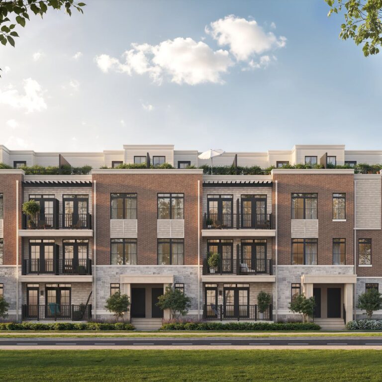 South Banks stacked townhome block with rooftop terraces, Elevation C in a dark brick palette (artist’s concept)