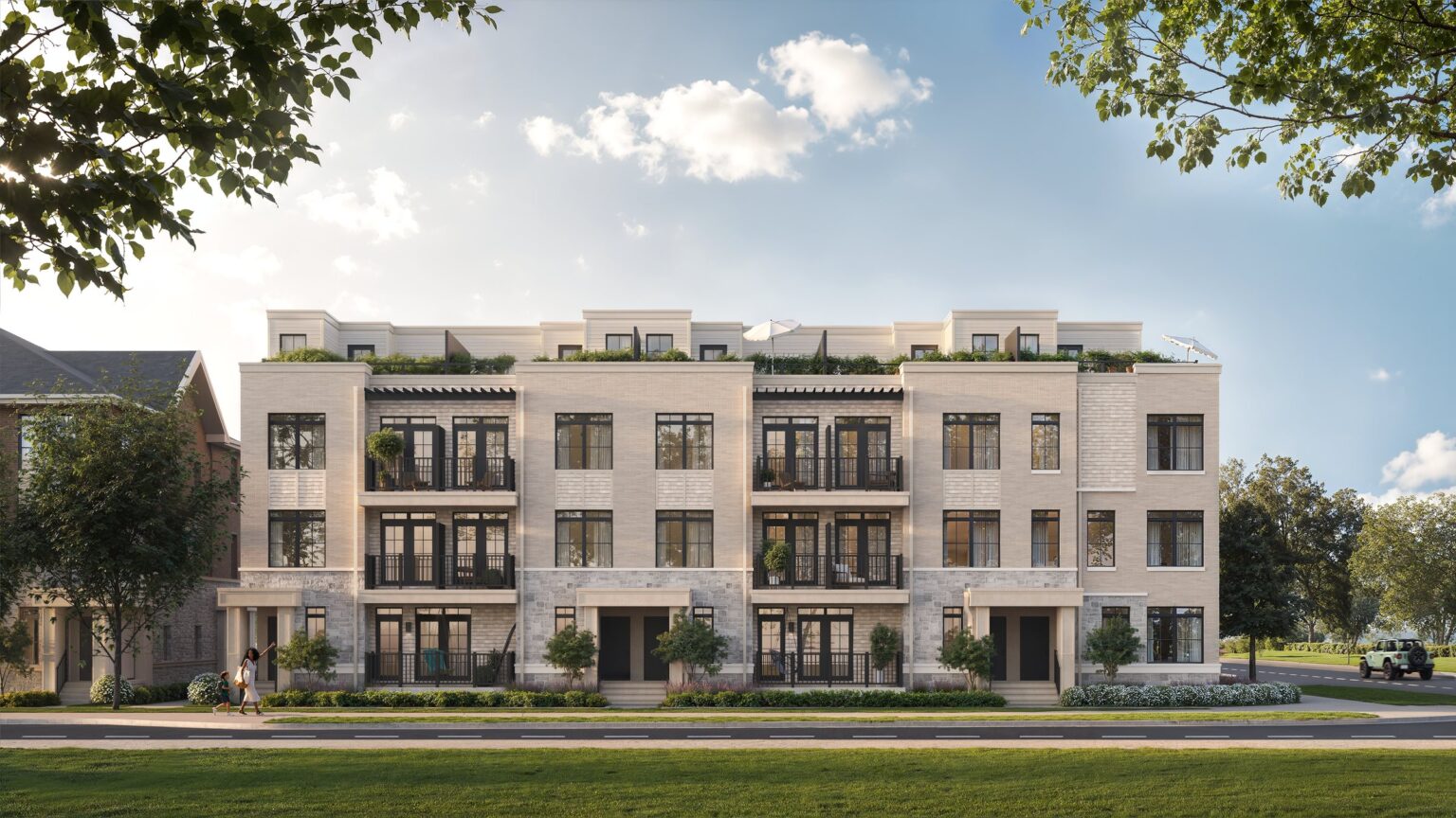 South Banks stacked townhome block with rooftop terraces, Elevation C in a light palette (artist’s concept)