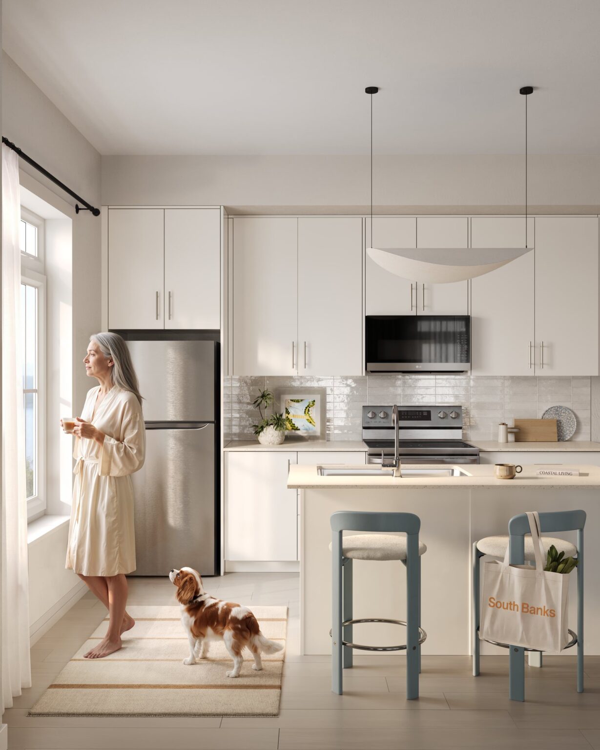 A person and a dog in a South Banks kitchen finished in palette C (artist’s concept)