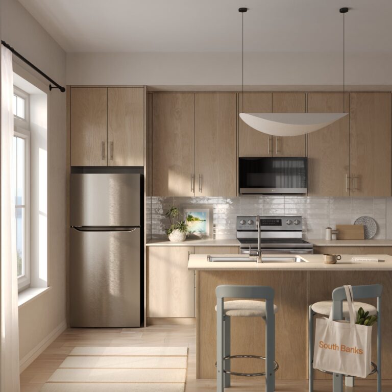 A South Banks kitchen in finish palette A, with a quartz island and pendant lights (artist’s concept)