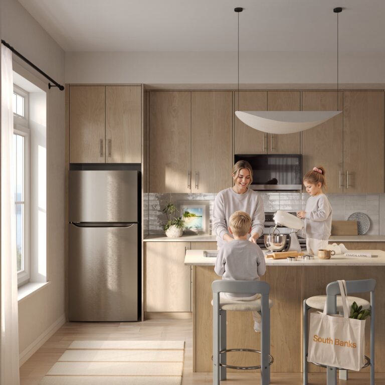 People in a South Banks kitchen finished in palette A (artist’s concept)