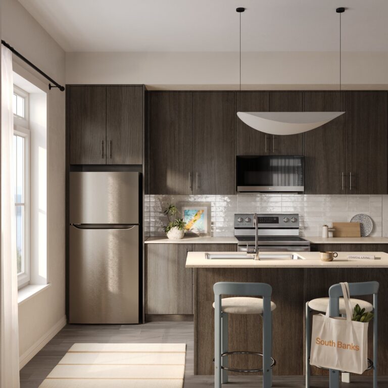 A South Banks kitchen in finish palette B, with dark cabinets and a quartz island (artist’s concept)