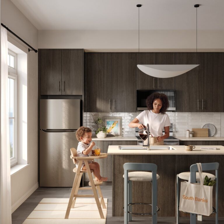 A person in a South Banks kitchen finished in palette B (artist’s concept)