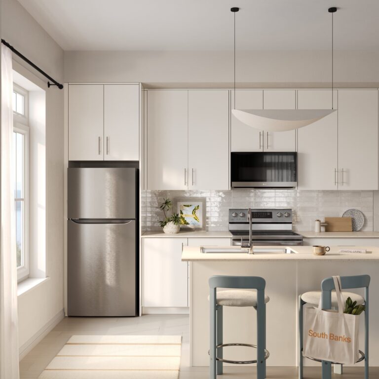 A South Banks kitchen in finish palette C, with light cabinets and a quartz island (artist’s concept)