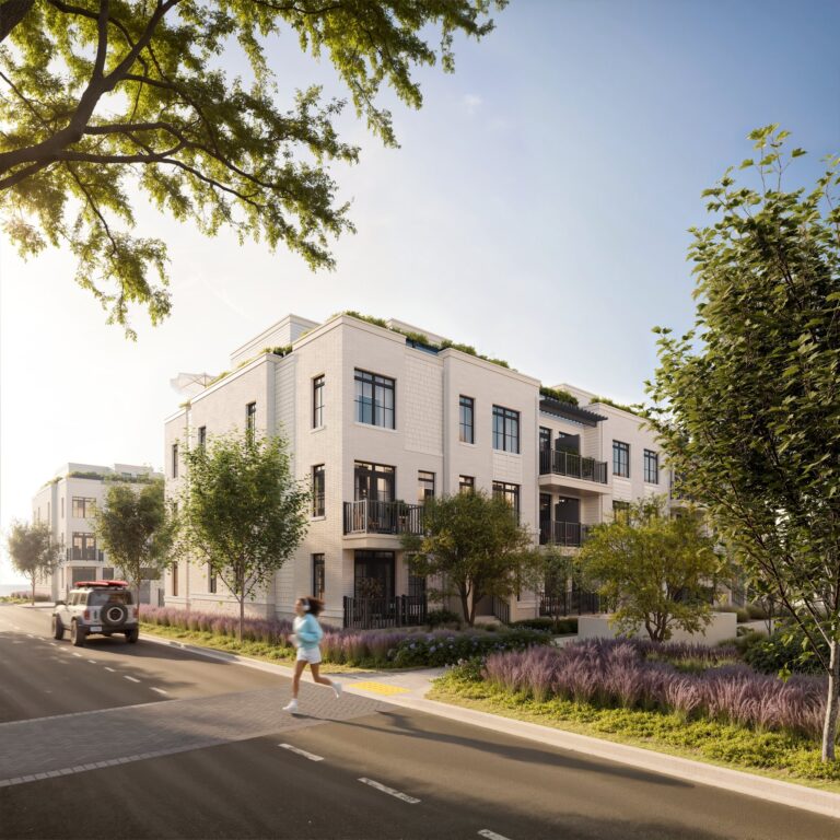 South Banks coastal townhomes at Lakeview Village seen from the street, with landscaped boulevards (artist’s concept)