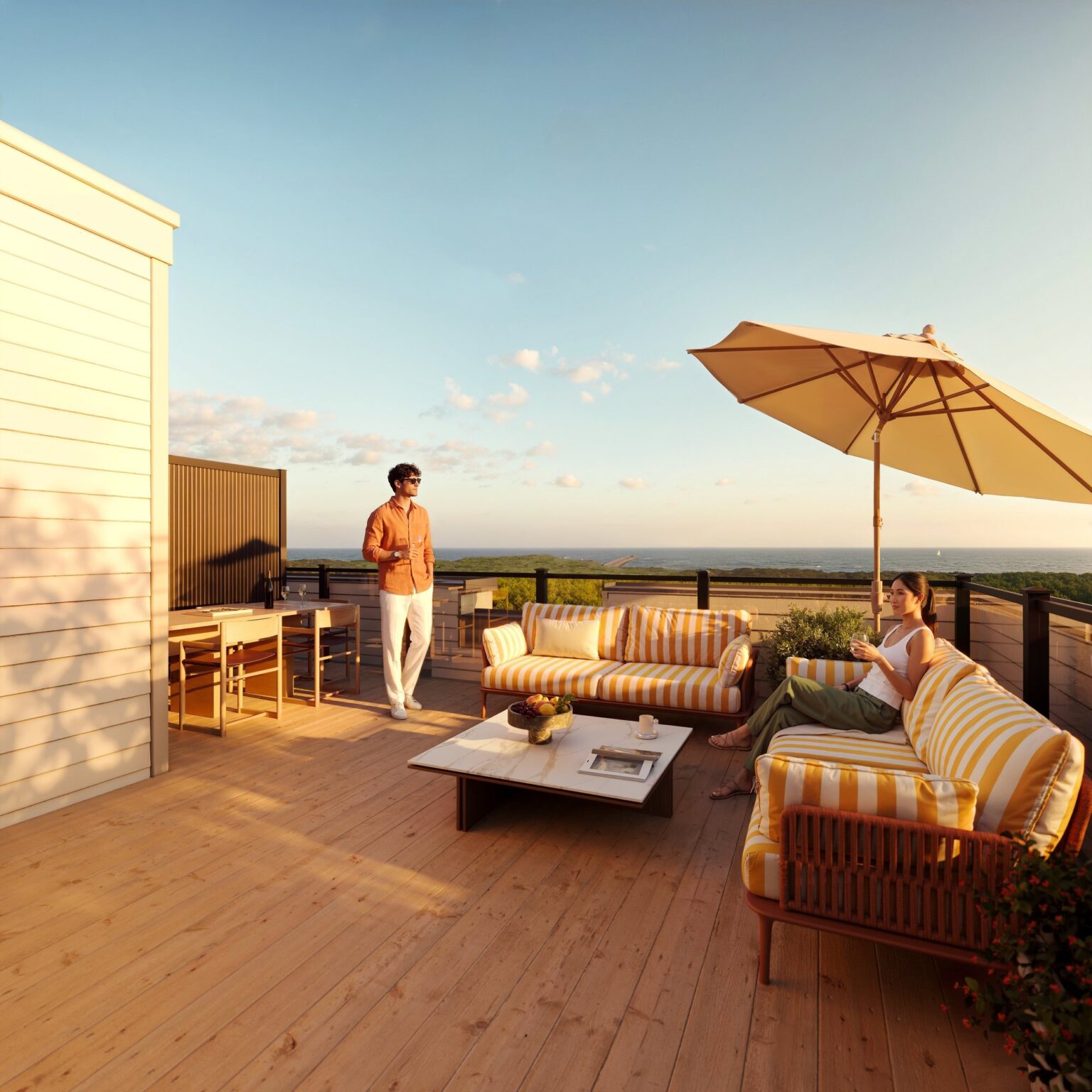 Outdoor lounge furniture on a South Banks rooftop terrace (artist’s concept)