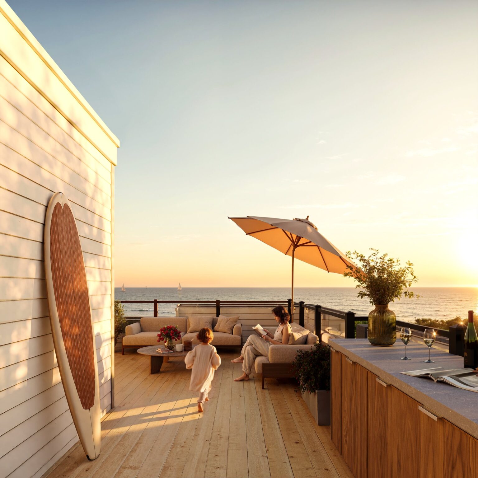 A private rooftop terrace at South Banks at sunset, with an umbrella and outdoor seating (artist’s concept)